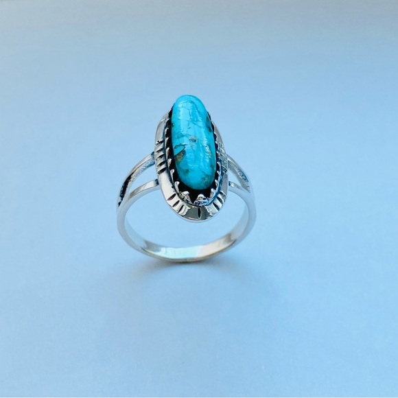 Sterling Silver Oval Genuine Turquoise Ring with Shank, Boho Ring, Silver Rings - Picture 11 of 13